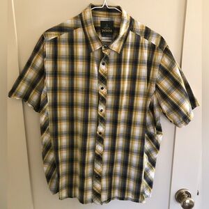 Prana Organic Cotton Plaid Snap Button Short Sleeve Camp Collar Shirt Yellow